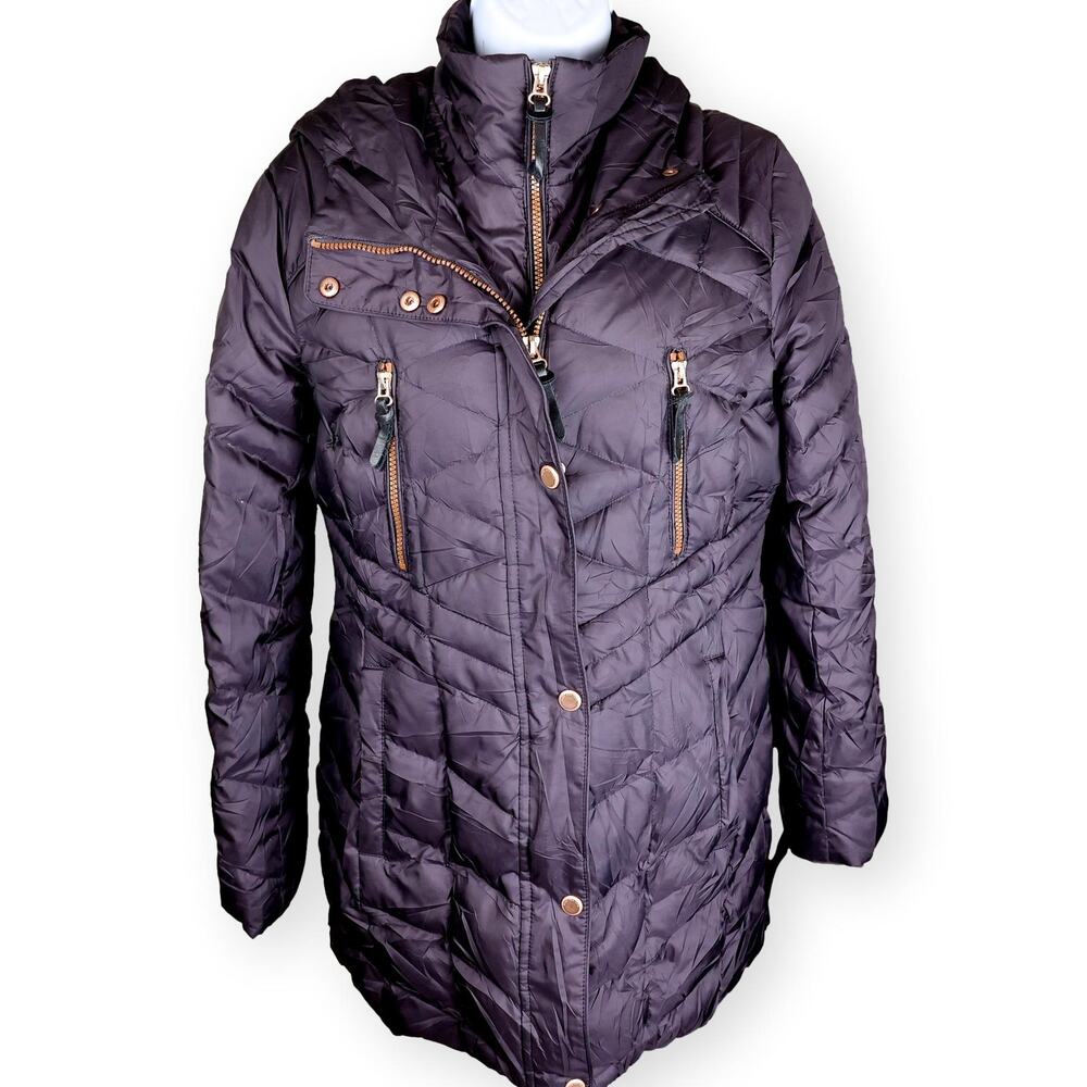 Andrew Marc Eggplant Purple Mid Length Hooded Puffer Coat S